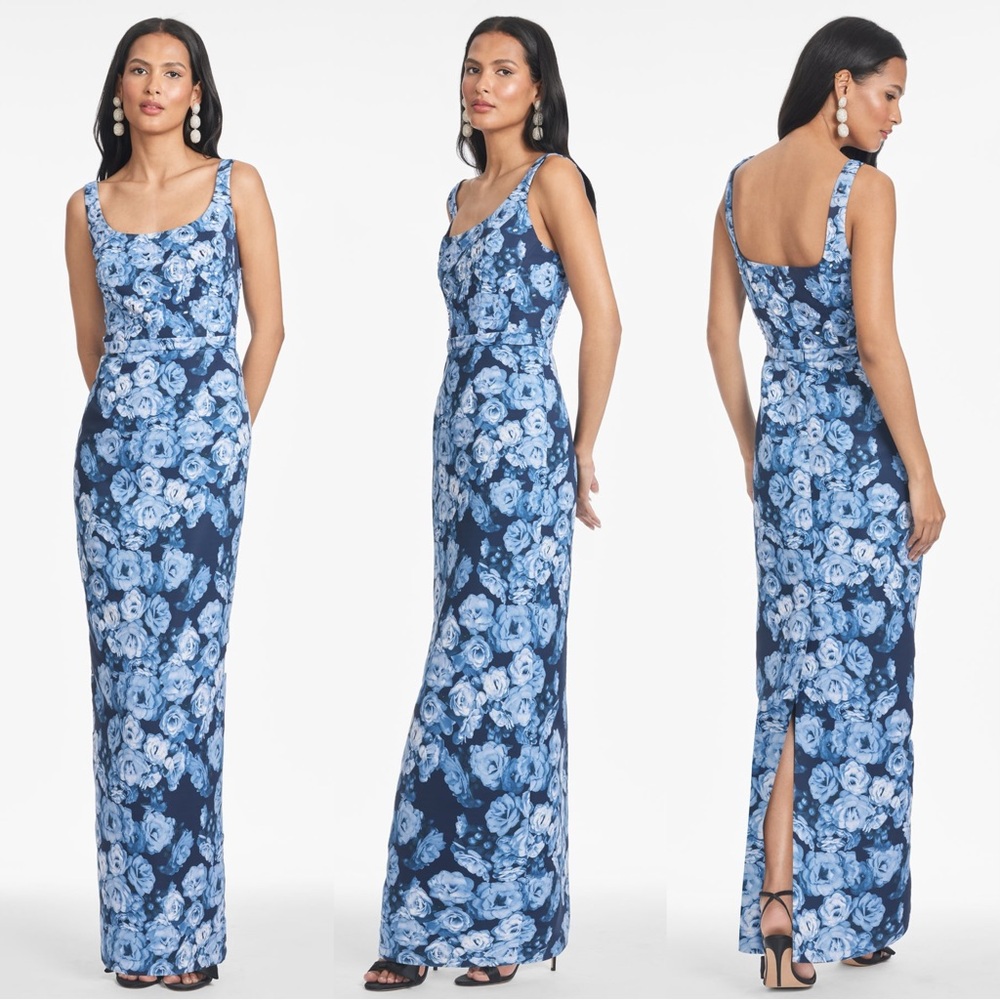 Sachin + Babi Lana Gown in Wild Sapphire Roses, Maxi Floral Blue Belt Dress, 0